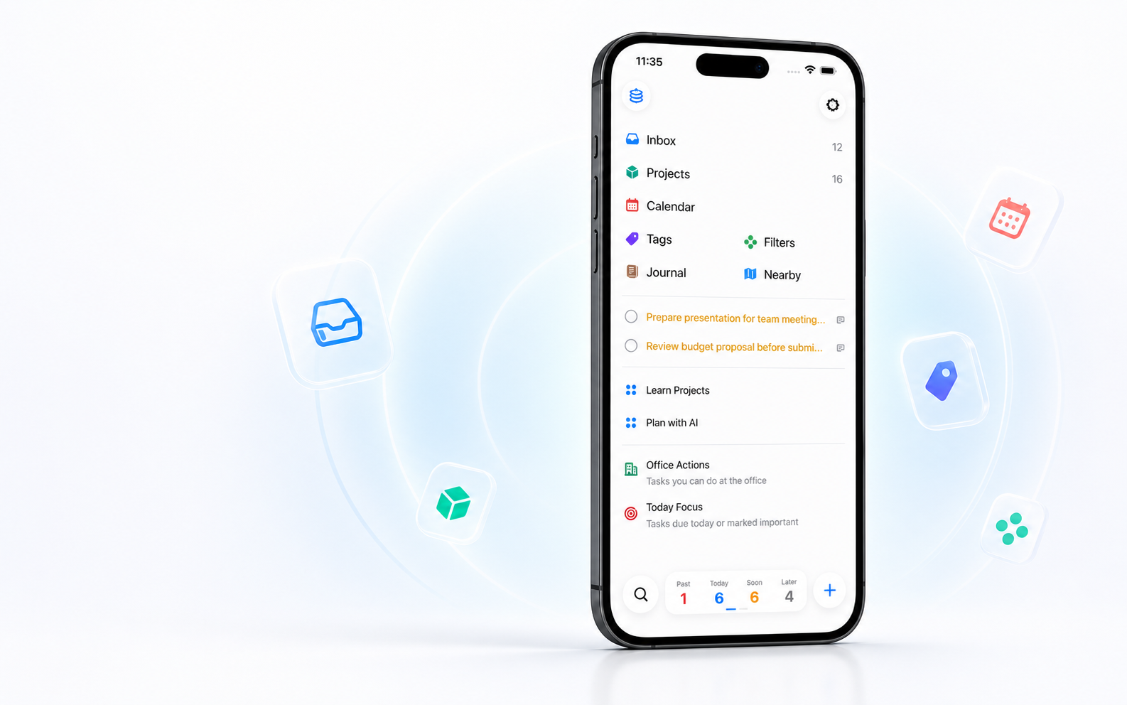 Locus GTD mobile app hero artwork with English iPhone interface, soft blue background, glowing rings, and floating feature icons